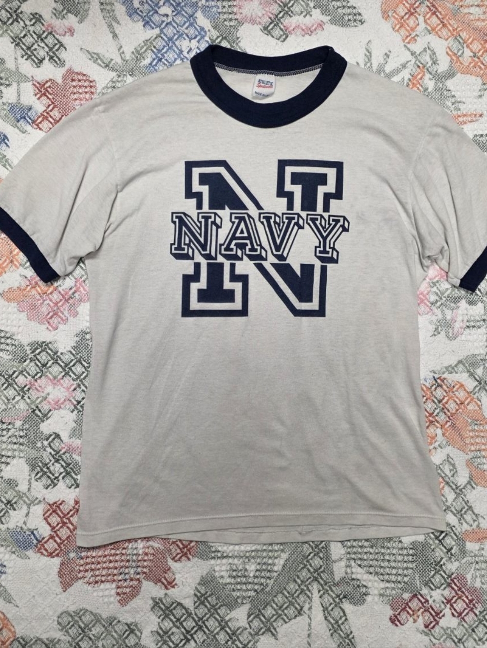 Vintage USA Made Navy Letter Ringer Tee - White with Navy Trim